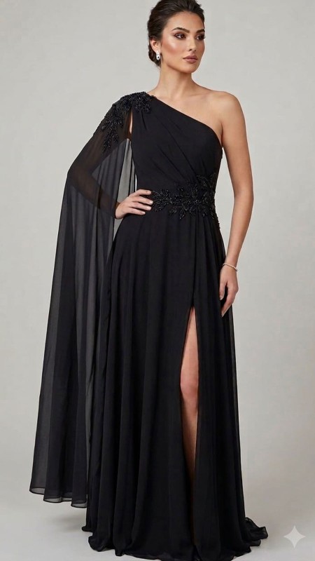 VESTIDO NEGRO ASIMETRICO CON CAPA