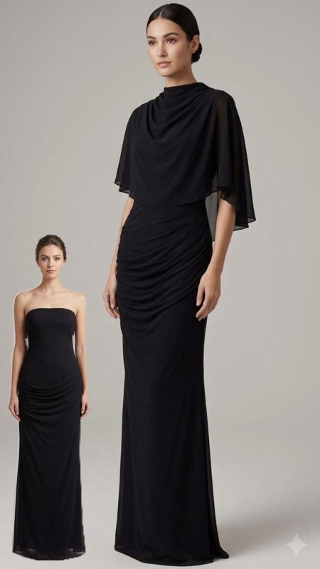 vestido negro straples con poncho