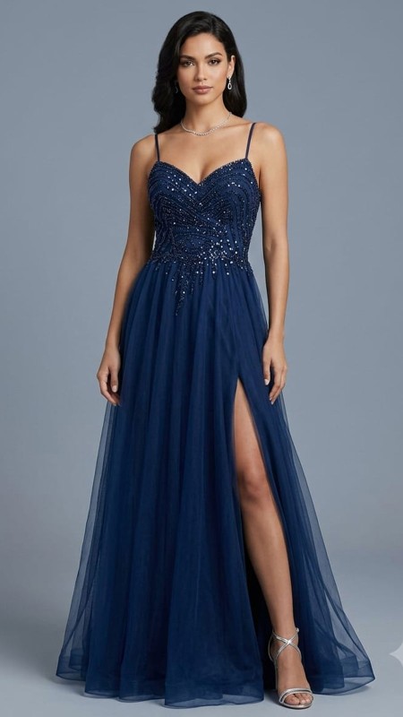 VESTIDO AZUL MARINO POMPOSO Y CANUTILLO ARRIBA