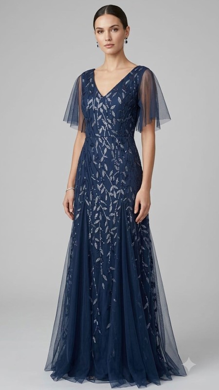 VESTIDO AZUL MARINO CON MANGAS TULL Y LENTEJUELAS