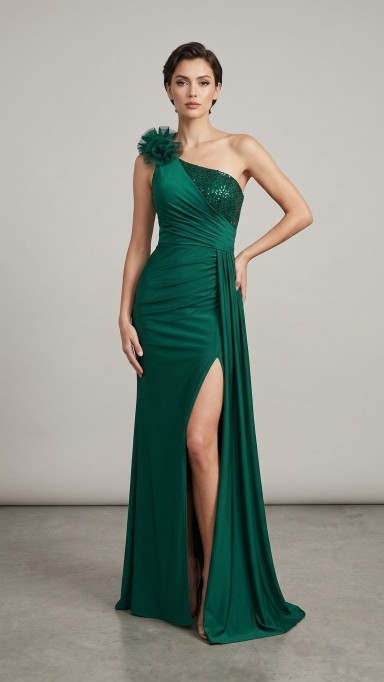 VESTIDO VERDE BOTELLA ASIMETRICO