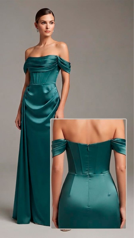 VESTIDO COLOR VERDE PETROLEO TELA SATINADA ESTILO DRAPEADO