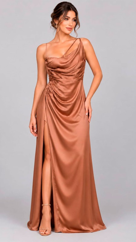 VESTIDO COLOR COBRE TELA SATINADA ASIMETRICO