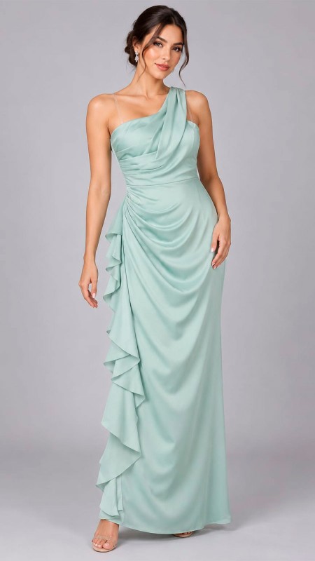 VESTIDO COLOR VERDE MENTA  CON ESCOTE ASIMETRICO DRAPEADO