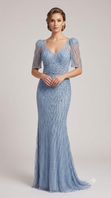 VESTIDO CELESTE CON MANGA PRINCESA Y CANUTILLO