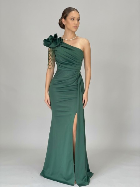 VESTIDO VERDE BOTELLA ASIMETRICO CON PERLAS