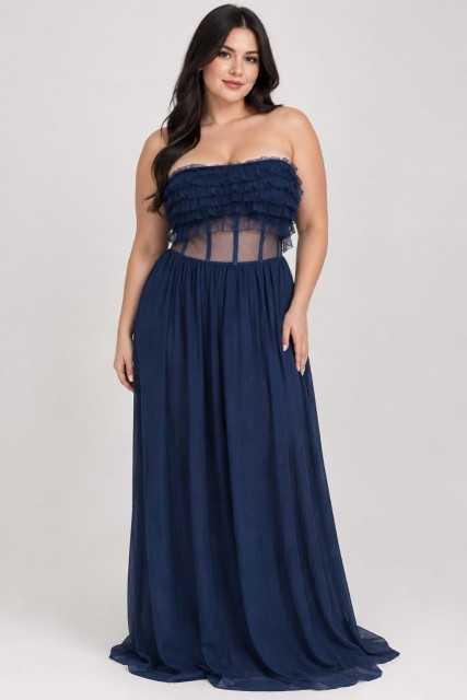 VESTIDO AZUL STRAPLES CON TRANSPARENCIA EN LA CINTURA DE GASA