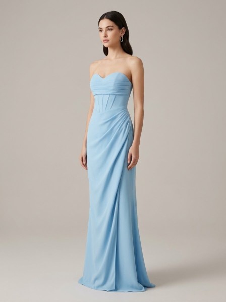VESTIDO CELESTE CON CORSET STRAPLESS