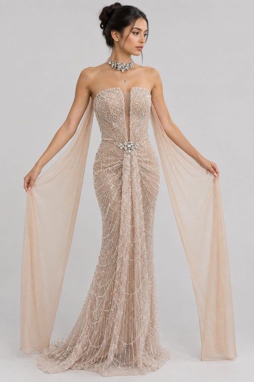 VESTIDO BEIGE STRAPLES CON PERLAS Y CAPA