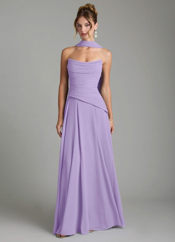 VESTIDO LILA STRAPLES CON CORSET Y CHALL