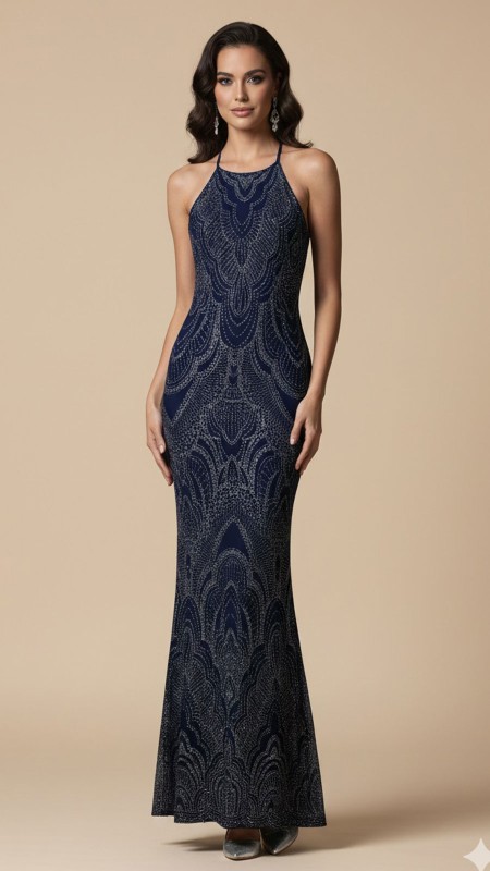 VESTIDO AZUL MARINO CON DETALLES P´LATEADO