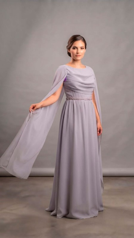 VESTIDO PLOMO VIEJO TELA SEDA CON MANGAS CAIDAS ESTILO ROMANA