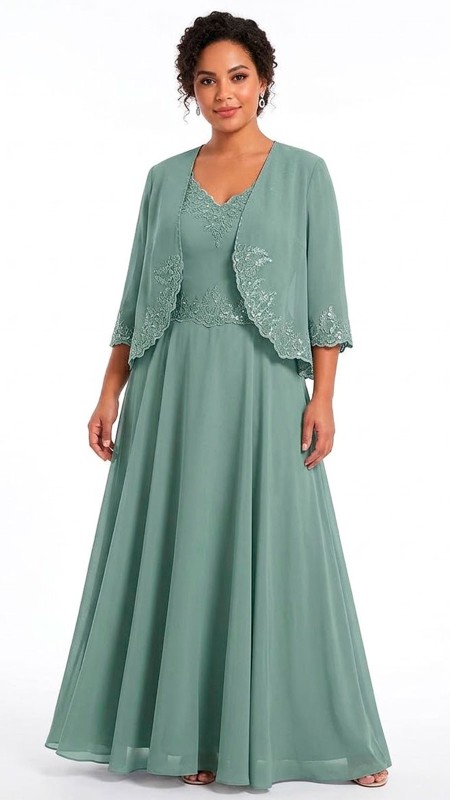 VESTIDO COLOR VERDE SALVIA PRESENTA ESCOTE EN V CON DETALLES DE ENCAJE BORDADO CON CHAQUETA DE MANGA TRES CUARTOS