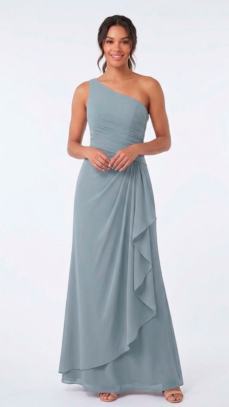 VESTIDO COLOR CELESTE VIEJO ASIMETRICO CON DISEÑO DE DRAPEADO