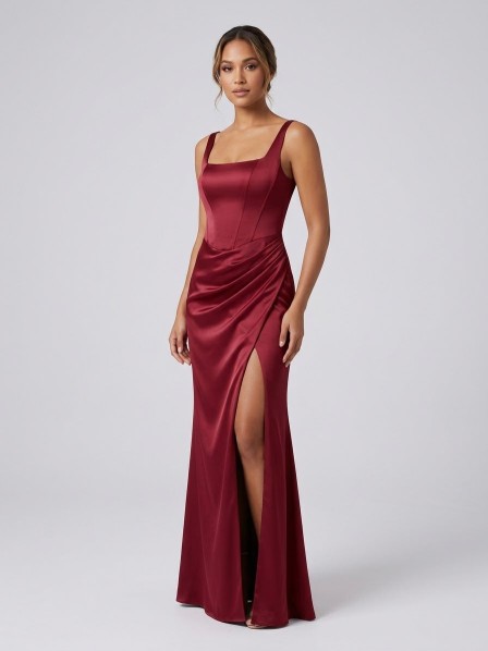 VESTIDO GUINDO SATINADO CON ABERTURA