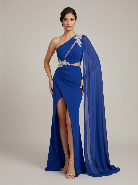 VESTIDO AZUL ASIMETRICO CON ENCAJE  PLATEADO