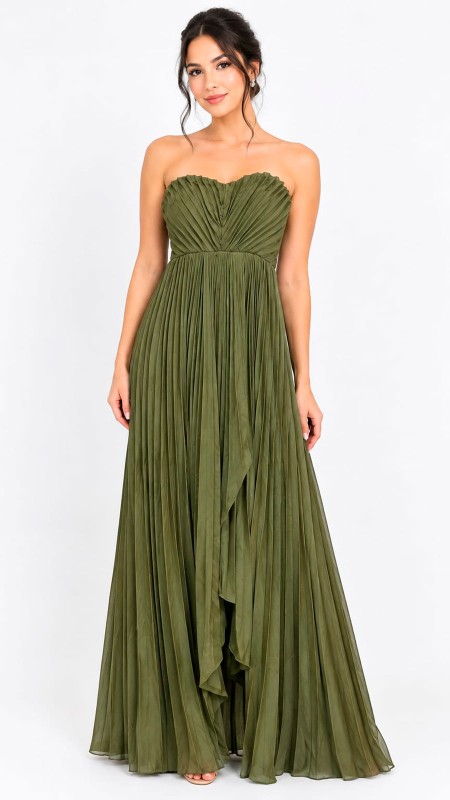 VESTIDO STRAPLE COLOR VERDE OLIVO CON ESCOTE DE CORAZON DRAPEADO