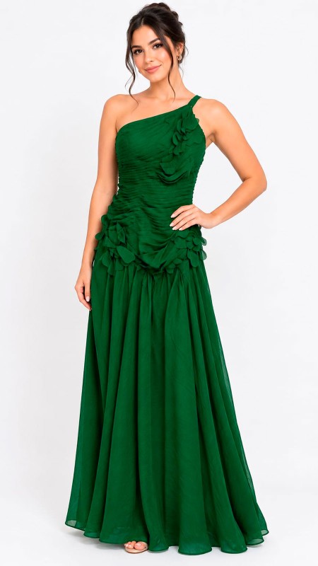 VESTIDO COLOR VERDE ESMERALDA ASIMETRICO CON DETALLES DE FLORES DRAPEADO