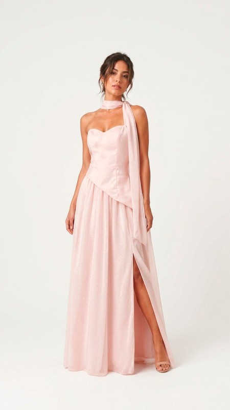 VESTIDO COLOR ROSA BEBE EN TELA SATINADA CON MASCADA EN EL CUELLO