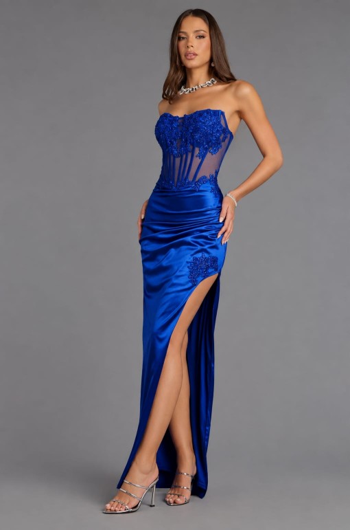 VESTIDO AZUL ELECTRICO STRAPLES CON VARILLAS Y CORSET