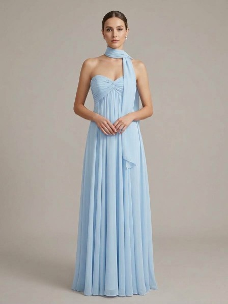 VESTIDO CELESTE STRAPLESS CON CHALL