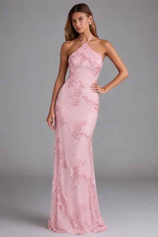 VESTIDO ROSADO CON FLORES BORDADAS