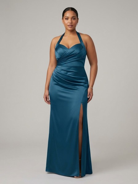 VESTIDO AZUL MARINO SATIN CON ABERTURA