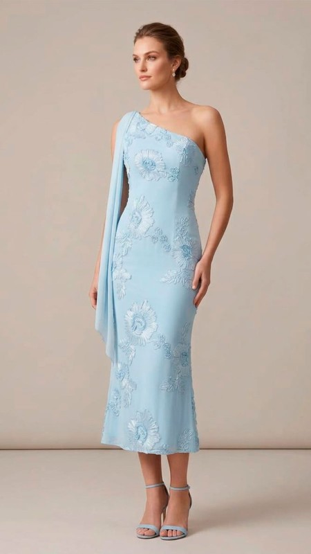 VESTIDO COLOR CLESTE BAJITO CON FLORES EN RELIEVE 3D ASIMETRICO