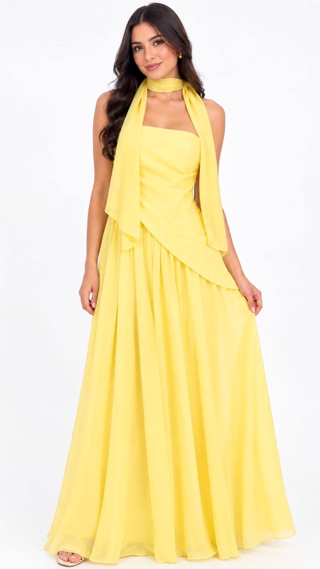 VESTIDO COLOR AMARILLO ENCENDIDO CON MASCADA