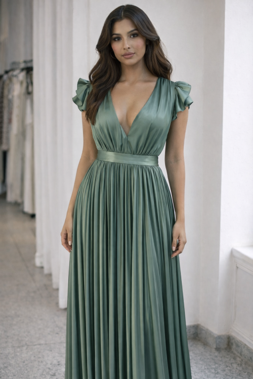 VESTIDO VERDE MENTA SATIN PLISADO