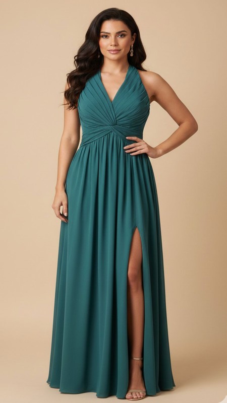 VESTIDO VERDE PETROLEO ESCOTE EN V