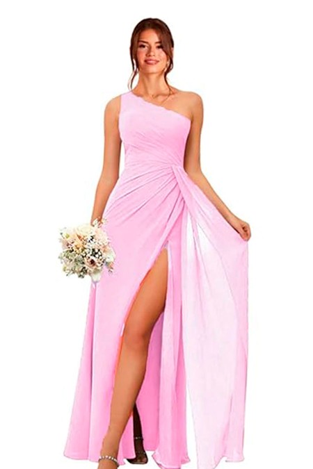 VESTIDO ROSA PASTEL ASIMETRICO GASA