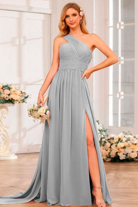 VESTIDO GRISACEO ASIMETRICO DE GASA