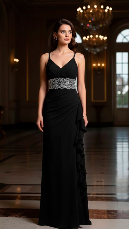 VESTIDO NEGRO CON VOLADITOS Y DETALLES PLATEADOS