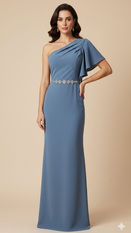 VESTIDO CELESTE GRIS ASIMETRICO LICRA