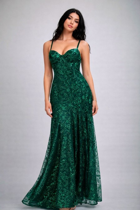 VESTIDO VERDE CON PURO BRILLO Y ENCAJE