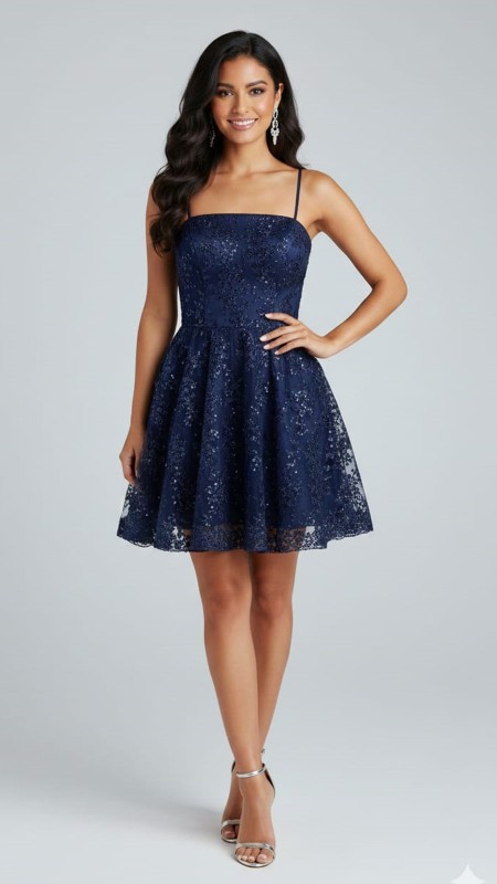 VESTIDO AZUL MARINO CORTO CON BRILLO Y ENCAJE