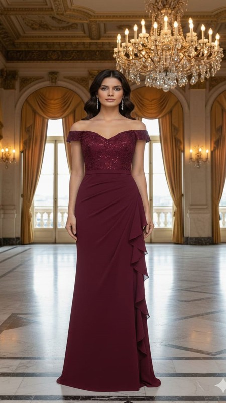 VESTIDO GUINDO CON BRILLO Y MANGAS CAIDAS