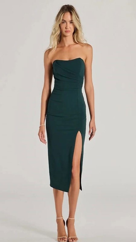 VESTIDO VERDE BOTELLA ESTRAPLE 3/4