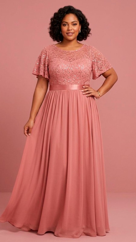 VESTIDO PALO ROSA CON MANGAS Y LENTEJUELAS PARTE SUPERIOR