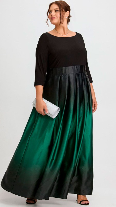 VESTIDO NEGRO CON DEGRADE A VERDE BOTELLA CON MANGAS