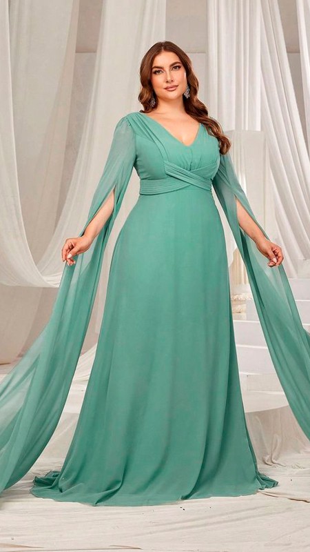 VESTIDO VERDE AGUA CON MANGAS LARGAS GASA