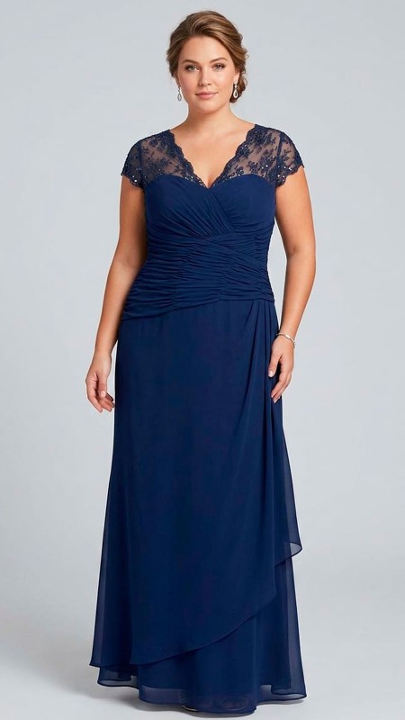 VESTIDO AZUL DE GASA  CON ENCAJE Y BRILLO  EN MANGAS
