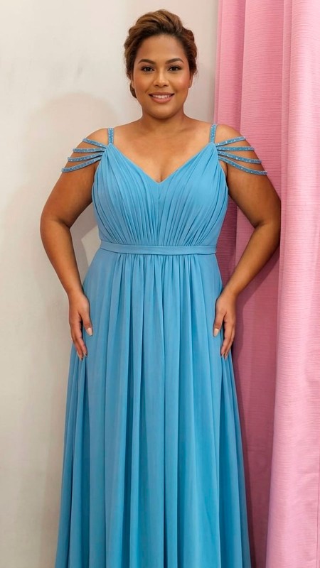 VESTIDO CELESTE DE GASA CON TIROS