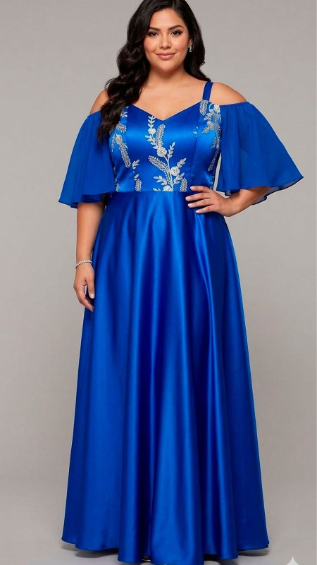 VESTIDO AZUL ELECTRICO MANGAS CAIDA CON ENCAJE SATIN