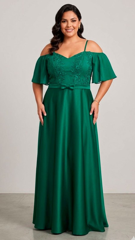 VESTIDO VERDE MANGA CAIDA CON ENCAJE SATIN