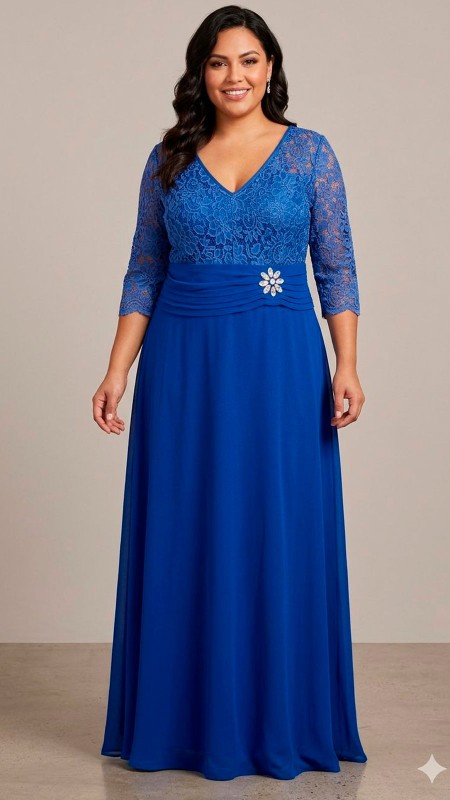VESTIDO AZUL CON ENCAJE MANGA 3/4 GASA