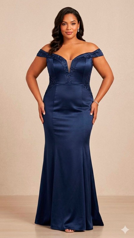 VESTIDO AZUL MRINO MANGAS CAIDAS SIRENA SATIN