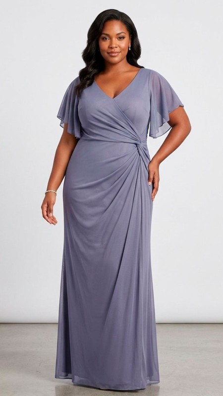 VESTIDO GRISACEO DE GASA CON MANGAS