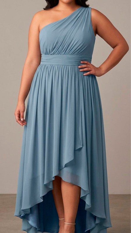 VESTIDO AZUL GRISACEO ASIMETRICO
